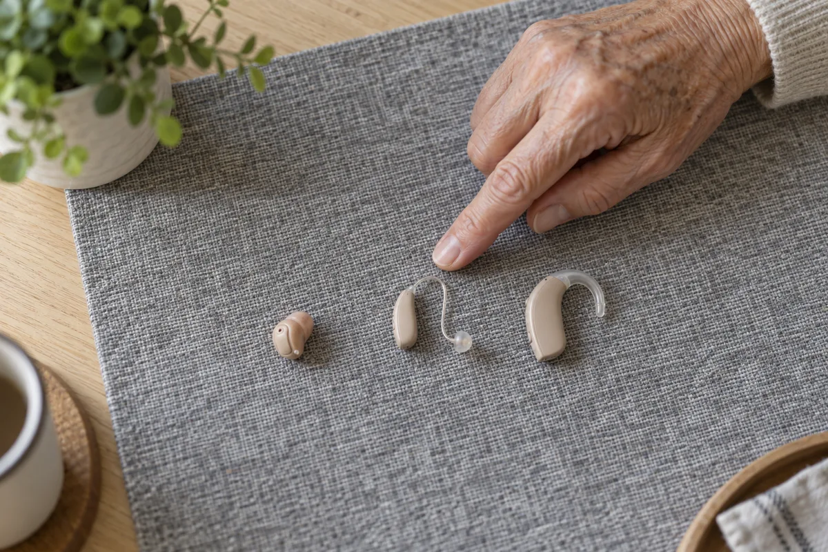 Trois minuscules appareils auditifs beiges unis de formes différentes alignés sur un tissu gris