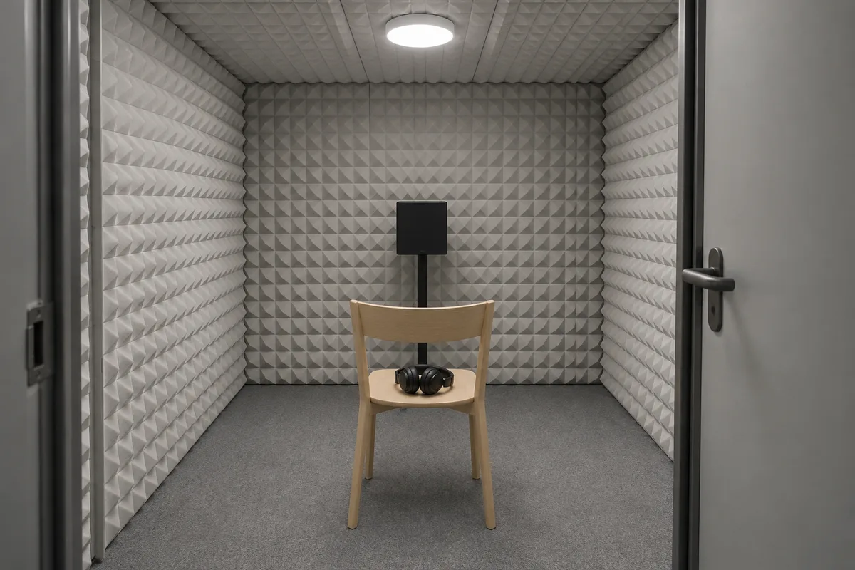 Cabine de mesure insonorisée vide aux murs tapissés de panneaux acoustiques gris clair