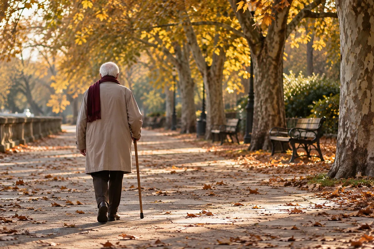 Personne âgée vue de dos marchant sur un trottoir arboré d&rsquo;automne, une canne à la main