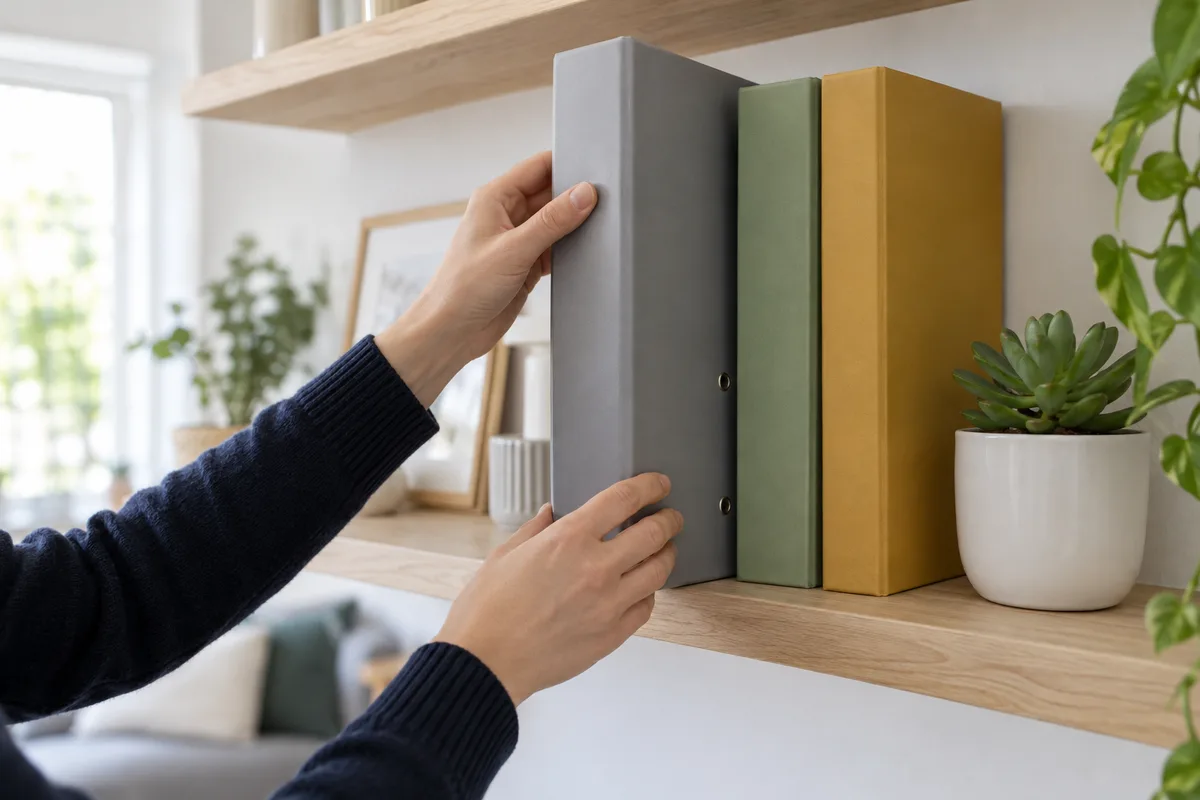 Mains rangeant un classeur gris uni sur une étagère en bois clair