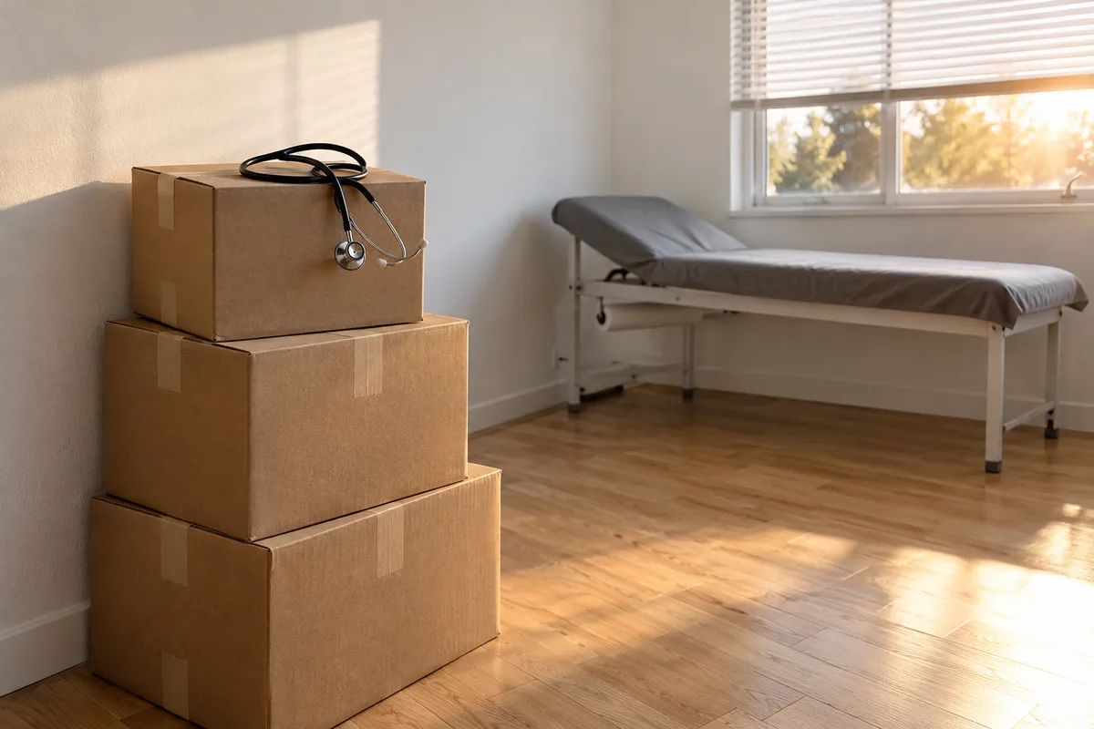 Cartons fermés empilés dans un cabinet vidé, un stéthoscope posé sur le dessus