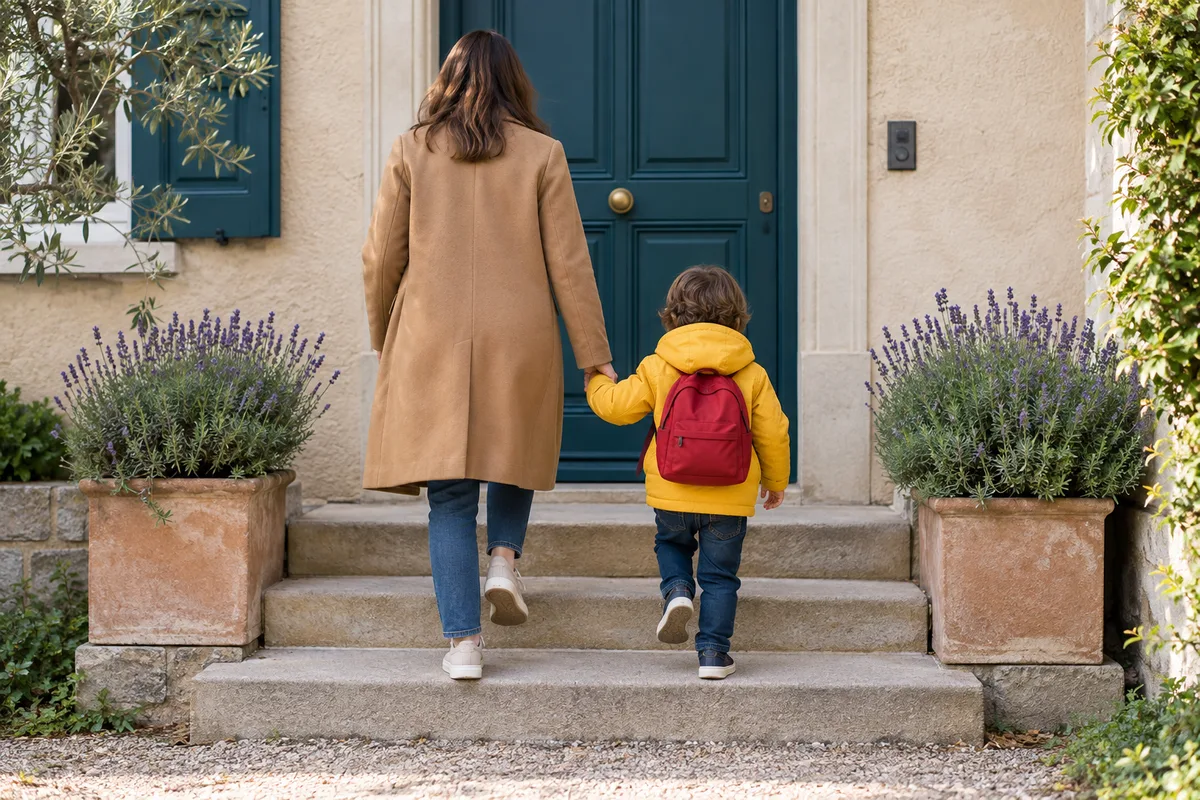 Adulte et jeune enfant vus de dos, main dans la main, devant une porte bleue