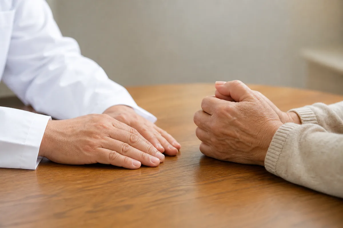 Mains d’un médecin et d’un patient au-dessus d’un bureau en bois